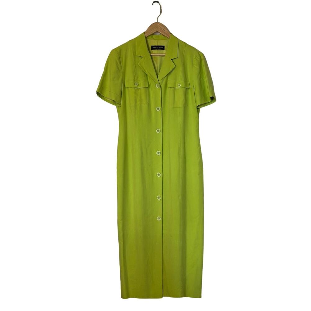 House of Fraser Collection 100% Silk Size 14 Vintage 70s Long Green Shirt Dress